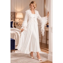 Mecit Pijama Mecit 6411 Ekru Dantel Detaylı Kadın Sabahlık Gecelik Takım