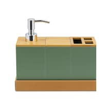 Bambu Kapaklı Yeşil Banyo Seti Sıvı Sabunluk, Diş Fırçalık, Çok Gözlü Organizer Ve Düzenleyici 000 Açık Krem