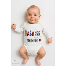 Babyden's Babasının Kıymetlisi Yazılı %100 Pamuk Body Uzun Kollu Bebek Zıbını Renkli Baskılı Body Beyaz
