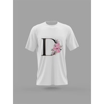 Noıssey Mavi D Harfi Baş Harf Pembe Çiçekli Baskılı T-shirt Pnrmtshrt4493 Beyaz