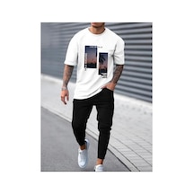Medinenur Cıty Vıew Baskılı T-shirt Eşofman Altı Jogger Rahat Kalıp Siyah Eşofman Takım Beyaz