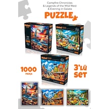3 Adet 1000 Parça Puzzle - Galata Kulesi Manzara, Kamp Ateşi Ve Vahşi Batı Kasabası Yapboz 68x48 Cm