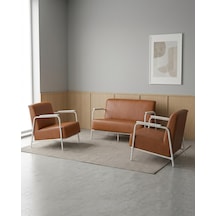 Atlas 2+1+1 Deri Ofis Büro Modern Bekleme Koltuk Takımı Beyaz Metal İskelet - Taba