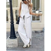 Efnaz Style Kadın Kolsuz Önü Düğmeli Yelek Ve Pantolon Ikili Takım Beyaz