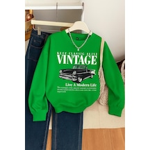 Benroma 3 İplik Penye Vıntage Baskılı Unisex Sweatshırt Yeşil