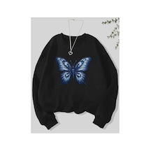 Herkesemoda Kelebek Desen Detaylı Bisiklet Yaka İçi Polarlı Sweatshirt Siyah