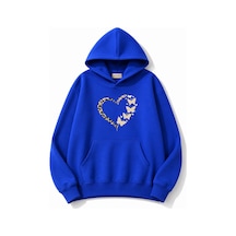 Herkesemoda Leopar Efektli Kalp Baskılı Kapüşonlu 2 İplik Şardonlu Sweatshirt Mavi