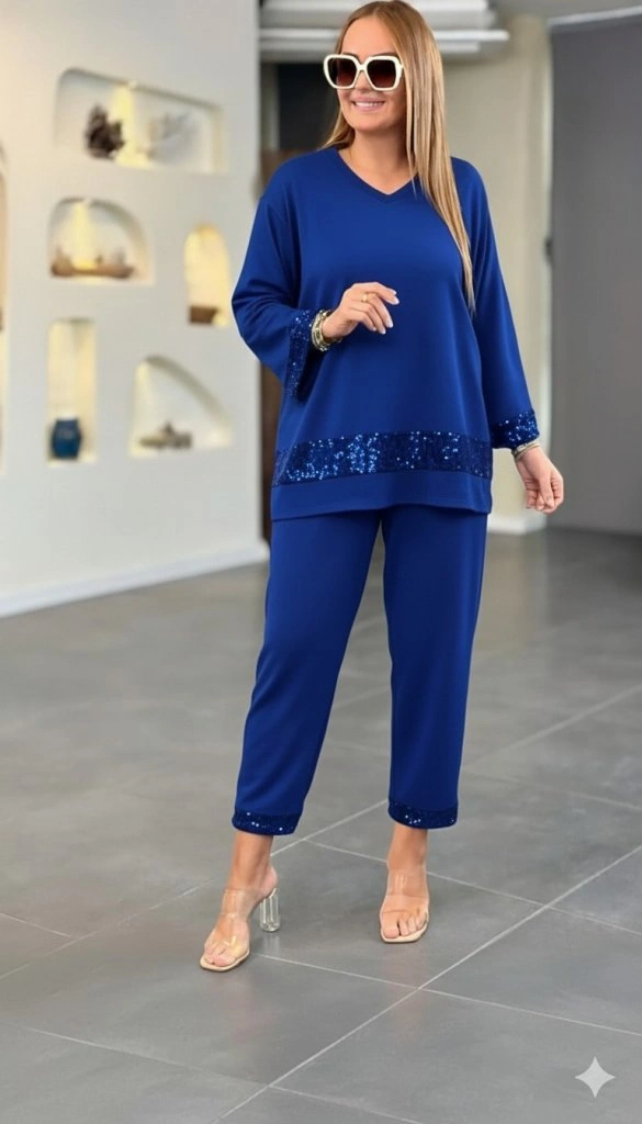 Kadın Uzun Kollu V Yakalı Pulpayet Viskon Iki Iplik Bluz Ve Pantolon Takım Saks Mavi
