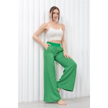 Kadın Keten Beli Lastikli Cepli Pantolon Yeşil-yeşil