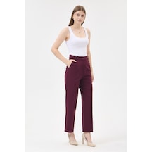 Velnara Moda Mürdüm Dar Paça Cepli Yüksek Bel Dokuma Kumaş Kadın Pantolon Bordo Mürdüm - 918311251 Bordo Mürdüm