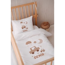 %100 Pamuk Saten Isme Özel Isimli 100x150 Bebek Yatak Nevresim Seti Araba Ve Bulut
