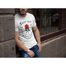 Barlashive Erkek Tişort Bisiklet Yaka Baskılı Kısa Kol T-shirt - Beyaz Çok Renkli