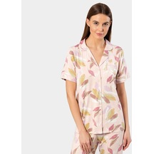 Türen Yaprak Desenli Kısa Kollu Gömlek Yaka Pijama Takımı 3355/pudra 001