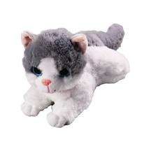 Miyavlayan Sesli Kedi Peluş Oyuncak Uyku Arkadaşı Hediyelik Peluş Yatan Kedi 35 Cm Gri