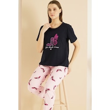 Siyah İnci Pamuklu Bisiklet Yaka Örme Pijama Takım25103264 Lacivert
