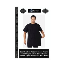 Terrien Özel Üretim Modern Rahat Kesim Temel Giyim Erkek Siyah Büyük Beden Tişört Sıfır Yaka Kısa Kollu