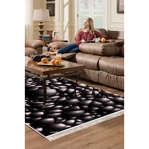 Kaymaz Dijital Mutfak & Salon Halı Trend Saçaklı Geometrik E5009 Siyah