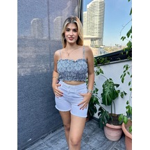 Desenli Crop Top ,kadın Bluz , Büstiyer , Pamuklu Crop Bluz Açık Mavi