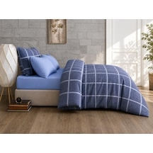Lüks%80 Pamuklu Çift Kişilik Nevresim Takımı Seti Yorgan Kılıfı Mavi Lacivert Kare Beyaz Çizgi Desen 200x220 Cm + Lastikli Battal Boy Çarşaf 180x200x30 Cm +2 Yastık Kılıflı 50x70 Cm 0