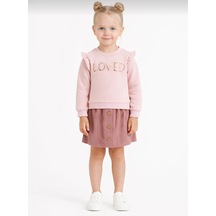 Kız Çocuk "loved" Nakışlı Sweatshirt Ve Kadife Etek İkili Takım-107581p Pembe