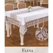 Keten İşlemeli Elena Model 160x260 Cm Krem-gold Dantelli Masa Örtüsü Şık Tasarım