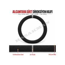 Hyundai Accent Blue Dikme Direksiyon Kılıfı Full Alcantara Süet Gri Yüzük Ve Gri Dikiş 2011-2019 Siyah