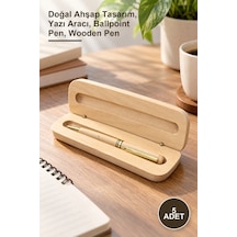 5 Adet Ahşap Kutulu Tükenmez Kalem Doğal Ahşap Tasarım, Yazı Aracı, Ballpoint Pen, Wooden Pen -