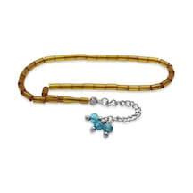 Tesbihane Ateş Kehribar Tesbih - Zirkon Taş Metal Püsküllü - Sarı Renk - Mini Boy - Kesme Kesim
