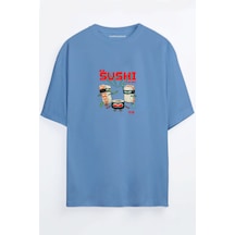 Anime Sushi Ninja Squad Baskılı Unisex Siyah - Beyaz Oversize T-shirt Mavi