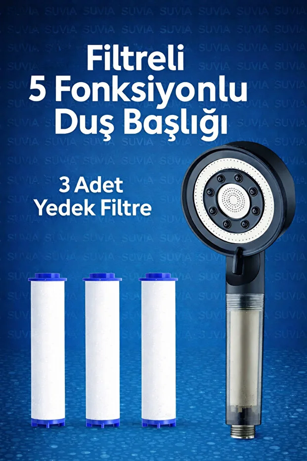 Filtreli Duş Başlığı 5 Fonksiyonlu 3 Yedek Filtreli Yüksek Basınçlı Siyah