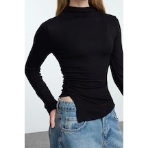 Ersefa Stil Kadın Fitted Büzgü Drape Detaylı Bluz Crop Örme Slim Kalıp siyah