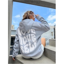 Love Your Self 3 İplik Kalın Kışlık Sweatshirt- Gri Baskılı Oversize Kapüşonlu Hoodie Gri