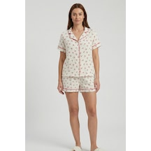 Cherry Ekru Biyeli Müslin Dokuma Şortlu Pijama Takımı Beyaz
