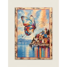 Ahşap Eskitme Çerçeve Görünümlü Kelebekli Sahil Kasabası Temalı Dekoratif Ahşap Tablo 52 X 72 Cm