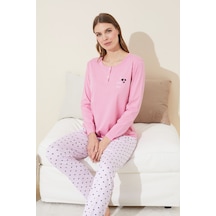 Siyah İnci Düğmeli Pamuklu Örme Pijama Takım 24240101 Pembe