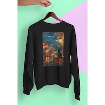 Magors Stıl-x Sevimli Kediler Baskılı Unısex Bisiklet Yaka Oversize Sweatshırt Siyah-3