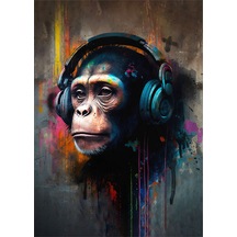 Kulaklıkla Müzik Dinleyen Maymun Hediyelik Ahşap Tablo 35cm X50cm