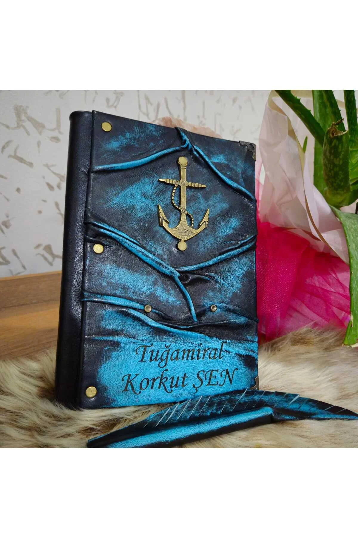 Çapa Hakiki Deri Italyan Baskili Özel Desen Deniz Mavisi Efektli El Yapımı Defter