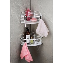 2’li Kancalı Yapışkanlı Banyo Duş Köşe Rafı – Ayarlanabilir Kristal Raf (Yapıştır/Vidala) Beyaz-Beyaz - LK-01 - BB