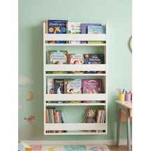 Montessori 4 Raflı Çocuk Kitaplığı Çok Amaçlı Dekoratif Duvar Rafı 120x60 Beyaz