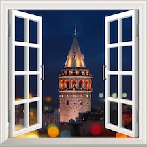 Pencere Poster Duvar Kağıdı Galata Kulesi Akşam Yapışkanlı Sticke