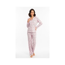 Bravie Luxury Viscose Pembe Ekose Desenli Kadın Uzun Kollu Büyük Beden Pijama Takımı 42531 Pembe