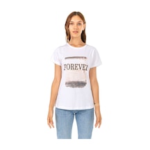 Vıshenka Kadın Beyaz Compact Penye Forever Yazı Baskılı T-Shirt Beyaz