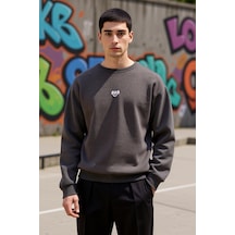 Benerly Erkek Bisiklet Yaka Düşük Kol Nakışlı Oversize Sweatshirt Pamuk Antrasit