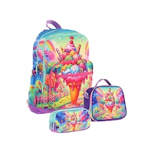 Kaukko Kids Dört Bölmeli Okul Çantası + Beslenme +kalemlik Seti Dondurma - Kız Çocuk - Kırmızı Mavi Kırmızı - Mavi