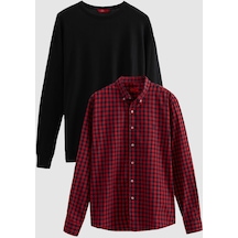 D's Damat Slim Fit Kırmızı Pamuk Karışımlı 2'li Bisiklet Yaka Triko Ve Gömlek 1HC0206EKBN01 Kırmızı