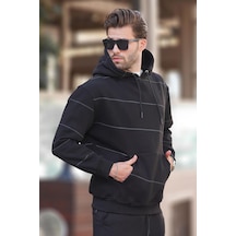 Madmext Siyah Kapüşonlu Cep Detaylı Çizgili Erkek Sweatshirt 7063 Siyah