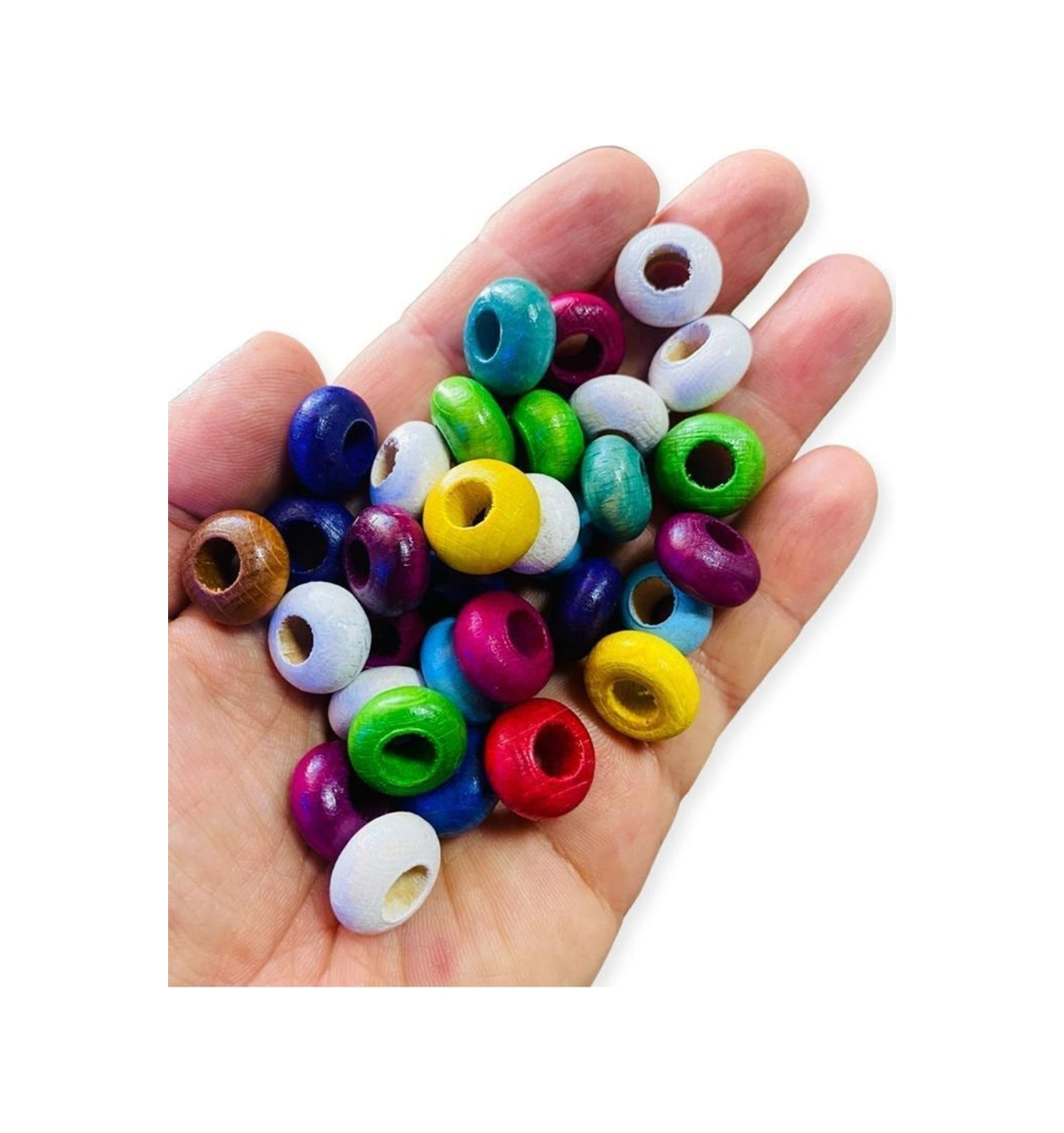 100 Adet Ekonomik Paket Renkli Ahşap Burger Boncuk En 8mm , Çap 15mm