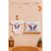 Pia Baby İsme Özel Kız Bebek Kısa Kollu Body Zıbın Ve 35x45 Cm Yastık Kılıfı %100 Pamuk Organik Baskılı Hediye Seti 2051bay3x Ekru
