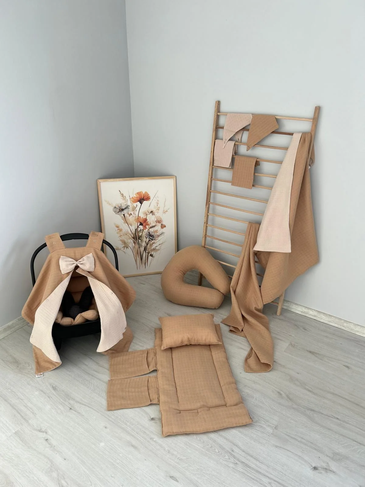 % 100 Pamuk 11 Parça Çift Taraflı Muslin Set Kahve